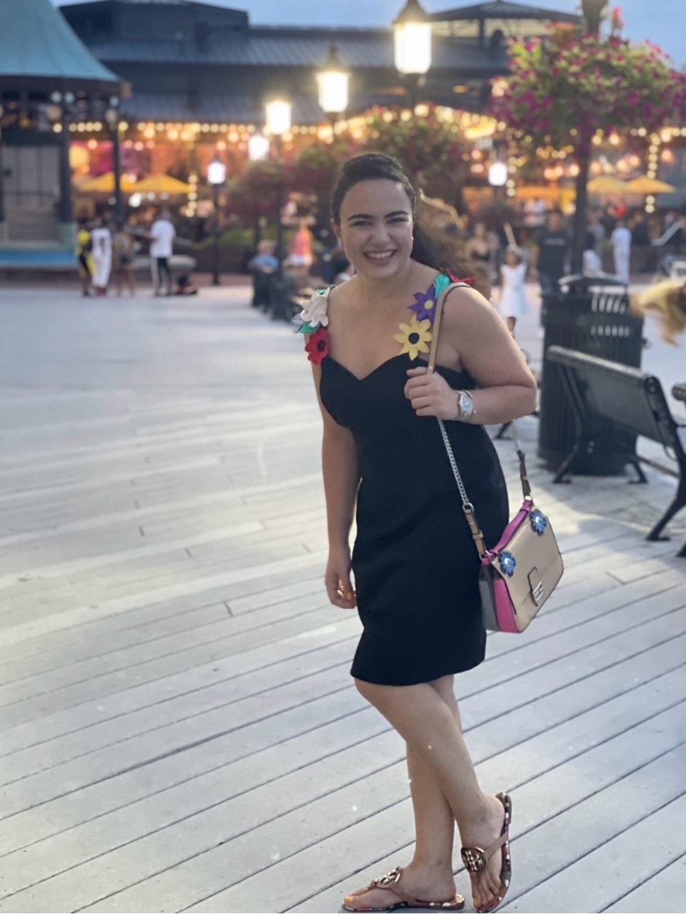 Black Mini Dress with Multicolor Floral Straps